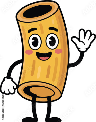 Cute Cartoon Rigatoni Pasta Character Waving, Friendly Italian Food Mascot Illustration, funny pasta, vector pasta