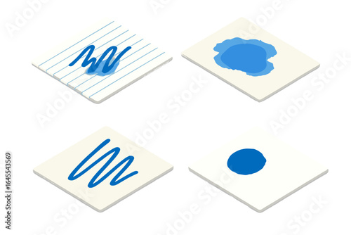 Paper texture icon set. Isometric vector illustration comparing ink reactions. Includes ink bleed on lined paper, watercolor blot, and clean strokes. Material science concept.