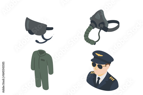 Pilot gear essentials isometric icon set. Aviation equipment collection with flight helmet, oxygen mask, suit, and aviator character. Vector illustration for air force design.