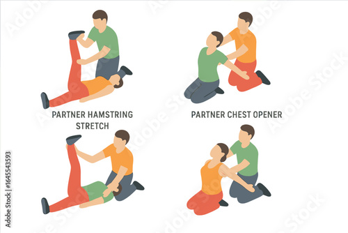 Partner stretching icon set. Isometric vector of couple doing partner-assisted exercises. Man and woman training. Hamstring stretch, chest opener for flexibility and recovery.
