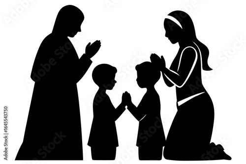 Family praying together silhouette vector illustration