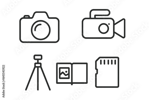 Photography and videography line icon set. Photo camera, video recorder, tripod, photo album, and memory card outline symbols. Media equipment vector collection.