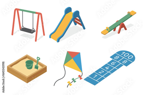 Isometric playground equipment icon set. Vector collection of outdoor park elements for children's fun and recreation. Includes swing, slide, seesaw, sandbox, kite, hopscotch.