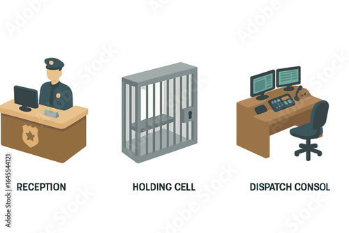 Isometric police station flat icons. Law enforcement vector set with reception desk, jail holding cell, and 911 emergency dispatch console. Interior on transparent background.