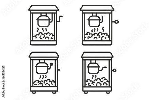 Popcorn machine line icon set. Old-fashioned cinema popper cart. Retro movie snack food symbol. Vintage carnival entertainment equipment vector illustration collection.