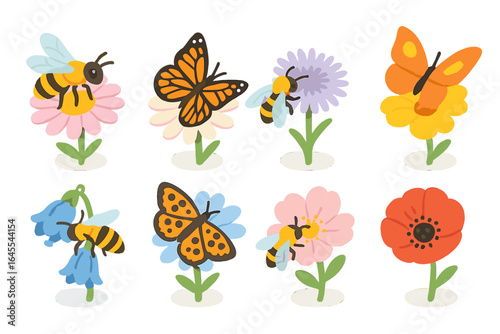 Cute pollinator icon set with bees and butterflies on wildflowers. Flat cartoon vector illustration. Spring summer nature garden collection. Insect and flower elements.
