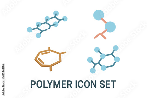 Polymer icon set of 4. Isometric flat icons of polymers and macromolecules. Polyethylene chain, polypropylene segment, and polystyrene. Chemistry science vector elements.