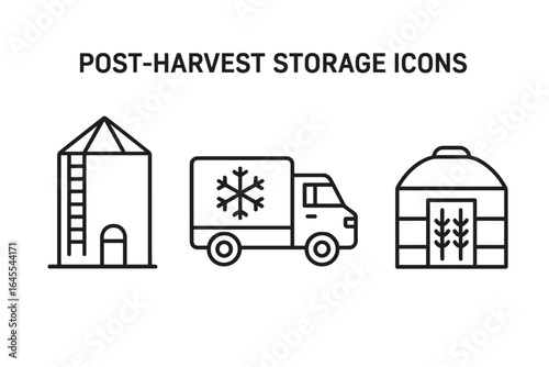 Post-harvest storage and logistics linear icons. Set includes grain silo, refrigerated truck for cold chain transport, and warehouse. Vector symbols for agriculture.