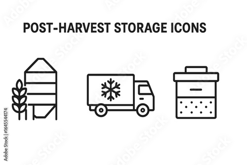 Post-harvest storage and logistics icon set. Outline vector illustration of agricultural supply chain, grain silo, cold chain refrigerated truck, and food bin.