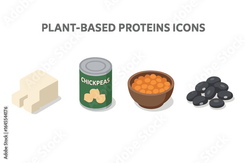 Plant-based protein icons for healthy diet. Isometric flat vector set with vegan food sources: tofu block, chickpeas can, lentil bowl, black beans. Vegetarian nutrition concept.