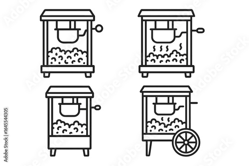 Popcorn machine icon set. Old-fashioned retro popper cart. Vector line illustration for cinema movie night snack or carnival fair food. Vintage entertainment symbol.