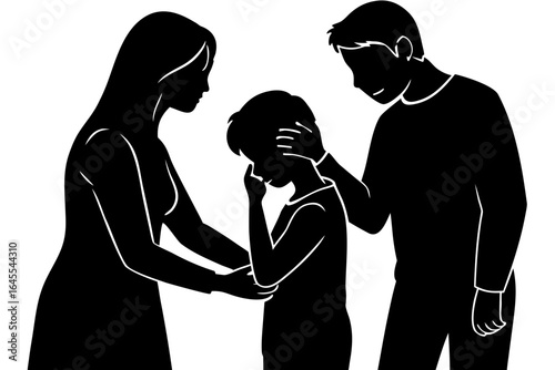 Family comforting sad child silhouette vector illustration