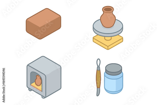 Pottery making isometric icon set. Ceramics hobby or creative workshop. Handmade clay craft process. Potter's wheel, sculpting tools, pot, vase, kiln vector icons.