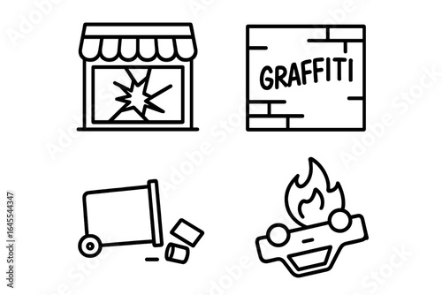 Riot and protest icon set. Vector outline symbols for social unrest, vandalism, and civil disorder. Includes smashed store window, burning car, and graffiti wall.