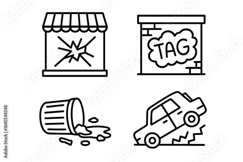 Riot and protest destruction line icon set. Vandalism, anarchy, and civil unrest concepts. Smashed storefront, graffiti wall, overturned car, and spilled garbage.
