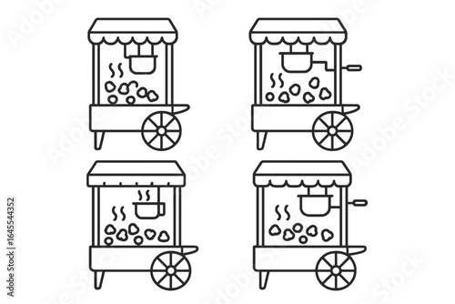 Popcorn machine icon set. Vector line art of old-fashioned food carts. Retro carnival and cinema snack symbol. Vintage street food popper with kettle and crank handle.