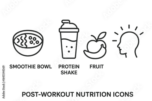 Post-workout nutrition icon set. Vector outline symbols of healthy eating, fitness recovery, and mindfulness. Includes smoothie bowl, protein shake, and fruit.