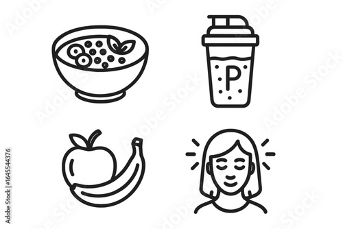 Post-workout nutrition and recovery icon set. Healthy lifestyle concept with protein shake, smoothie bowl, fruit and mindfulness symbols. Vector outline icons.