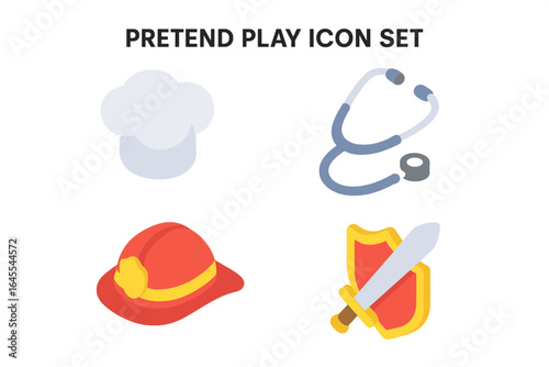 Pretend play icon set with costumes and props for kids. Isometric vector illustration for children role-playing. Chef hat, doctor stethoscope, firefighter helmet, knight.