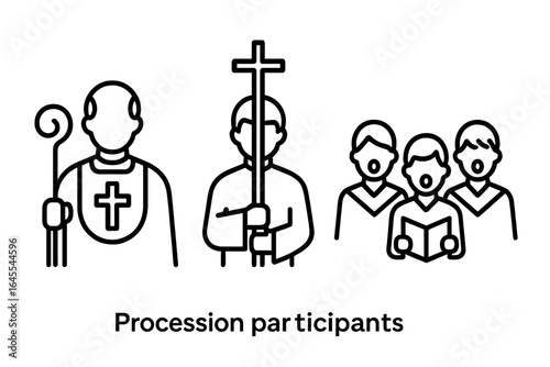 Religious procession participant outline icons. Priest with crosier staff, bishop, altar server with cross, and church choir singing. Christian, Catholic liturgy vector symbols set.