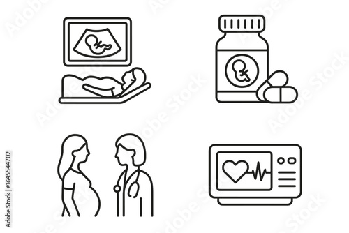 Prenatal care outline icons. Pregnancy, maternity, and obstetrics concepts. Vector set includes fetal ultrasound, vitamins, doctor visit, and heartbeat monitor for healthcare.