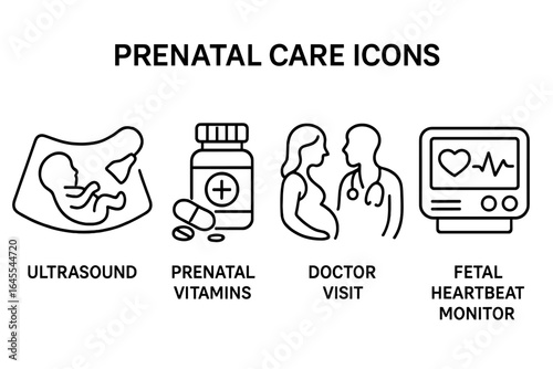 Pregnancy and maternity icon set. Outline vector icons for prenatal care: ultrasound, fetal heartbeat, doctor visit, supplements. Medical health concept for a pregnant woman.