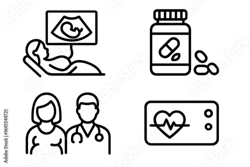 Prenatal care outline icon set. Pregnancy and maternity concept. Includes ultrasound, fetal scan, doctor visit, supplements, vitamins, and fetal heartbeat monitor symbols.