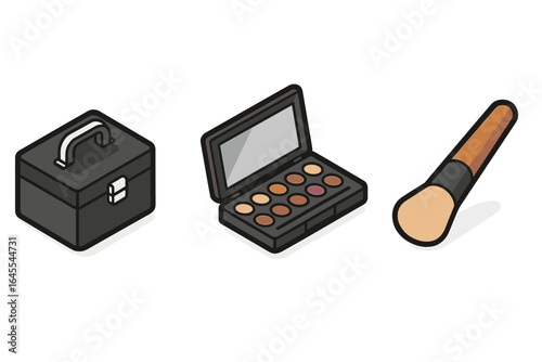Makeup artist tools isometric icon set. Professional cosmetic kit with beauty case, eyeshadow palette, and foundation brush. Flat vector illustration for beautician.