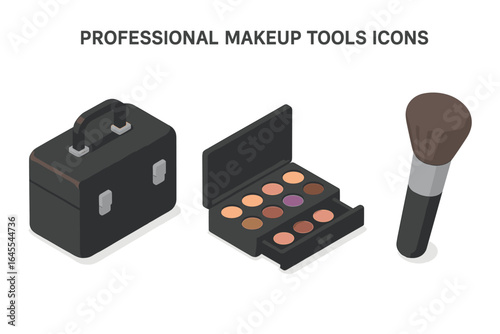 Professional makeup tools icon set. Isometric flat vector illustration of visagist and artist accessories. Includes beauty kit case, cosmetic eyeshadow palette, and brush.