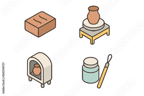 Ceramics and pottery workshop icon set. Isometric vector illustration of handmade craft. Clay art, potters wheel, kiln, sculpting tool, glaze. Hobby and creative process.