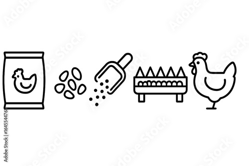 Poultry feeding icon set. Farm bird care routine with chicken, feed sack, corn kernels, and pellets. Agriculture concept with trough feeder and scoop line art vector.