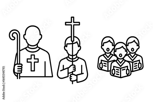 Christian religious procession outline icon set. Priest or bishop with crosier staff, altar server carrying cross, and church choir singing. Worship ceremony vector symbols.