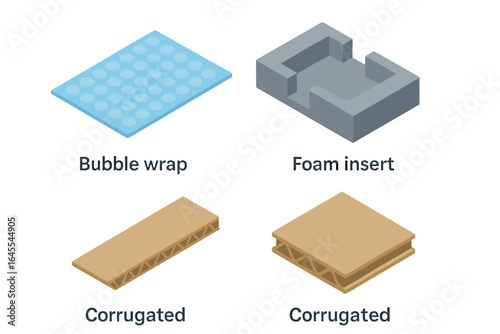 Protective packaging icons isometric set. Flat vector illustration of shipping materials like bubble wrap, foam insert, and corrugated cardboard for safe delivery concepts.