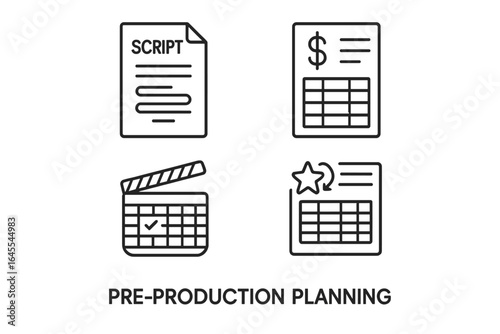 Pre-production planning vector icon set. Outline symbols for filmmaking: script writing, budget calculation, shooting schedule, casting. Film and video movie making process icons.