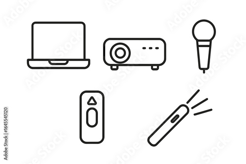 Presentation equipment line icon set. Business conference and public speaking vector symbols. Includes laptop, projector, microphone, remote clicker, and laser pointer.