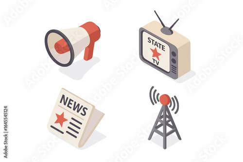 Isometric propaganda icon set. Media control, government influence, mass communication. Vector icons of megaphone, state TV, newspaper, radio tower. Fake news concept.
