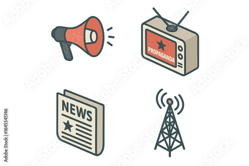 Isometric propaganda icon set. Media control, fake news, and communication symbols. Vector illustration of megaphone, state TV, newspaper, and radio tower for manipulation.