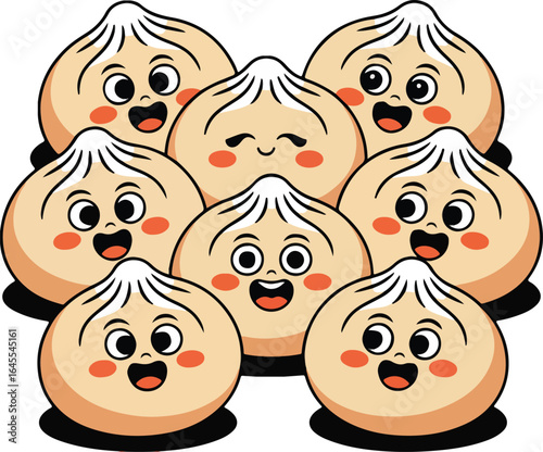 Cute Cartoon Steamed Dumplings with Happy Faces, Asian Food Illustration, funny pasta, vector pasta