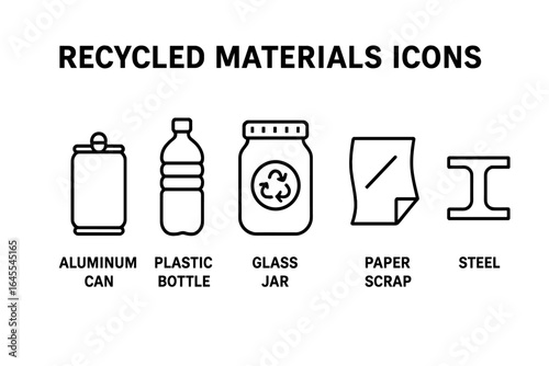 Recycled materials line icon set. Waste sorting and separation. Ecology and environment concept. Zero waste lifestyle. Aluminum, plastic, glass, paper, steel. Vector.