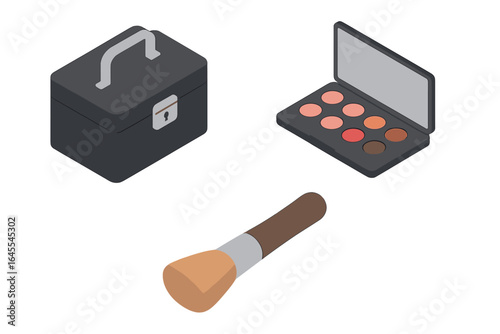 Professional makeup artist tools isometric icon set. Vector illustration of beauty case, eyeshadow palette with mirror, blush or powder brush. Cosmetic kit for visagist.