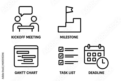 Project management icons. Outline icon set of timeline elements. Kickoff meeting, milestone, Gantt chart, task list, deadline. Business process and workflow symbols.