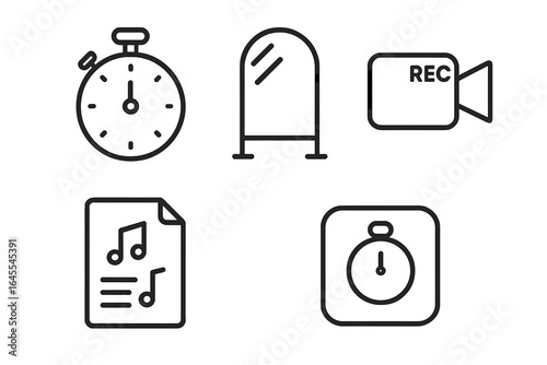 Rehearsal and practice line icon set. Concepts for acting, music, or speech preparation with stopwatch, mirror, camera recording, script, notes, and timer app vector.
