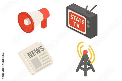 Propaganda isometric icon set. Media control symbols with megaphone, state TV, newspaper, and radio tower. Flat design vector illustration for communication concept.