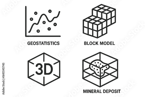 Resource estimation icons set. Geostatistics chart, 3D block model, and mineral deposit modeling. Outline vector illustration for geology, mining, and earth sciences.