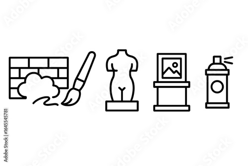 Public art icon set. Outline symbols for street art, graffiti, and murals. Includes spray can, paintbrush, sculpture, and gallery pedestal. Linear vector pictograms.