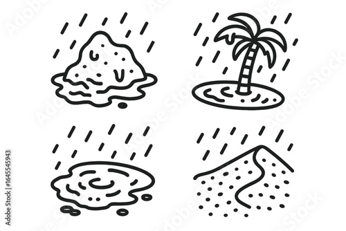 Rain in desert outline icon set. Vector collection of unusual weather concepts. Wet sand dune, muddy puddle, downpour on oasis with palm tree. Climate change metaphor.