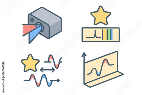 Radial velocity method icon set for exoplanet detection. Isometric icons of spectrograph, star spectrum, and Doppler shift. Astrophysics and astronomy vector illustrations.