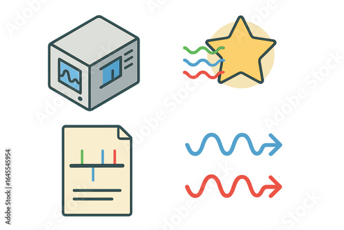 Radial velocity icon set. Isometric flat icons of spectrograph, star spectrum lines, and Doppler shift. Physics and astronomy vector illustration for exoplanet detection.