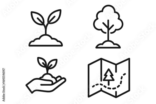 Reforestation line icon set. Concepts for planting, conservation, growth. Seedling, sapling, tree, hand with plant, forestry map. Ecology, environment vector symbol.