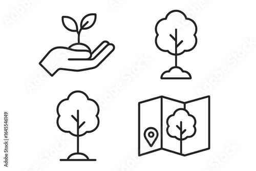 Reforestation outline icons set. Planting tree, seedling in hand, sapling growth, and forestry map location symbols. Environment, nature conservation, and ecology concept.